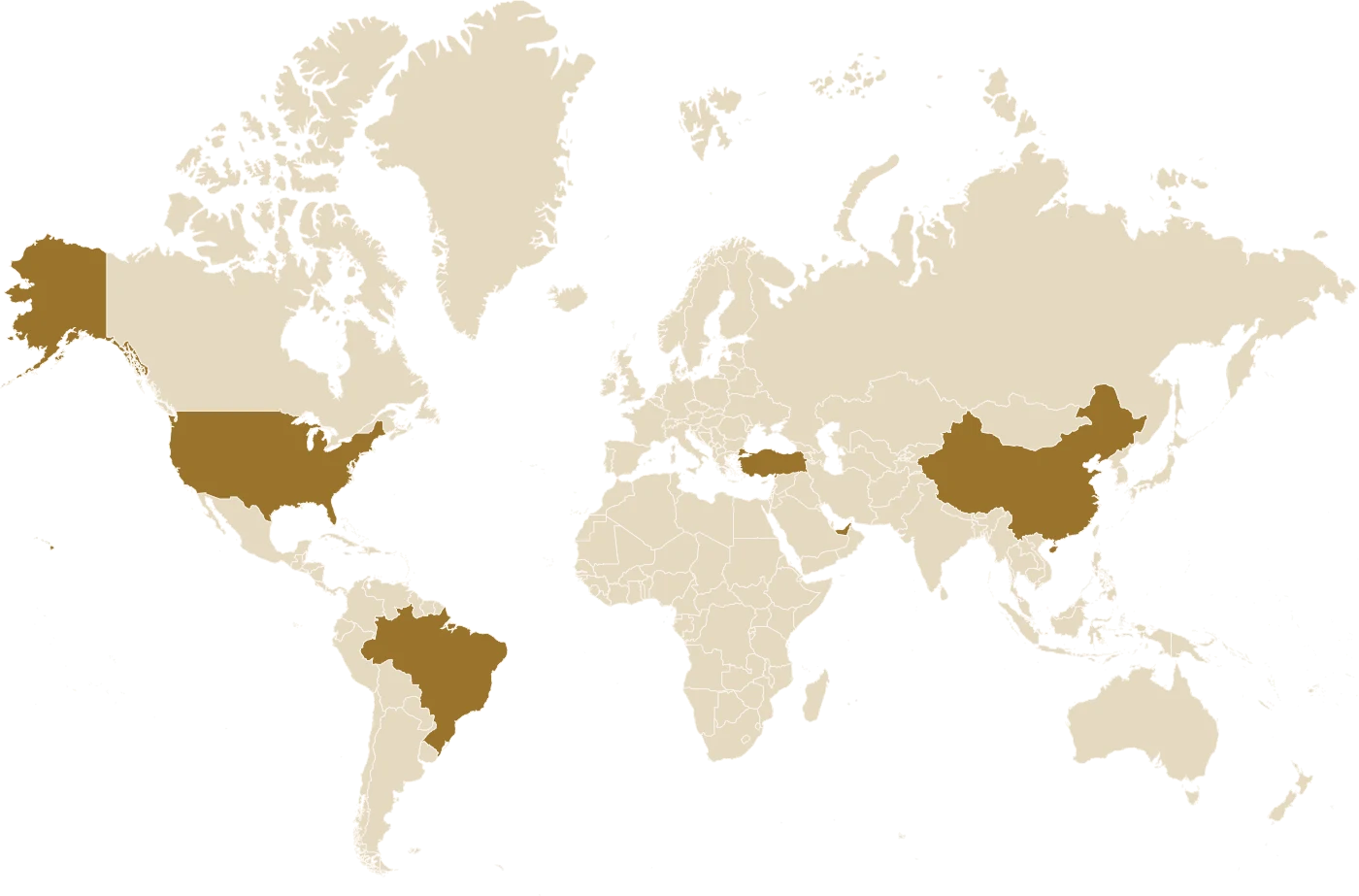 World map highlighting United States, Brazil, China, Türkiye, UAE